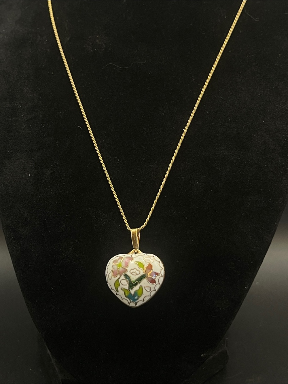 Vintage Cloisonne Puffy Heart Necklace Floral Enamel Signed SC 18” - Picture 9 of 16